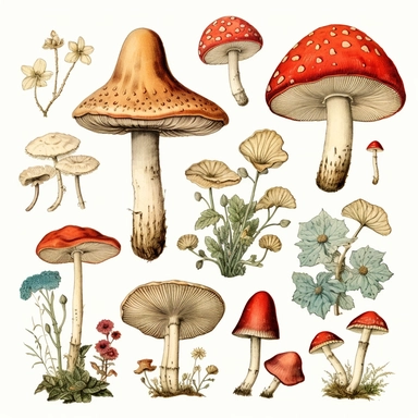 Clipart, vintage, watercolor, Charles Darwin, fungi, chromista, plantae, morfologia floral, hand drawn, texture