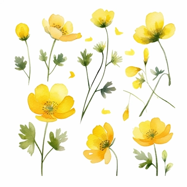 beautiful dainty buttercups flowers, boho watercolor clipart, solid white background, hard edges, smooth