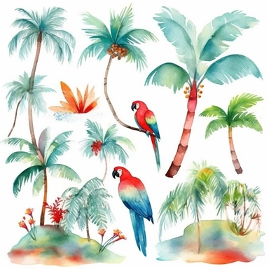 Tropical island beach clipart set isolated on white, watercolor, turquoise, red parrot, - - no photograph