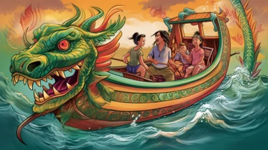 a clipart image of a chinese dragon boat with two people on board, in the style of colorful muralist, childlike illustrations, jacob jordaens, children's book illustrations, mixes realistic and fantastical elements, close-up intensity, joyful celebration of nature,32k uhd