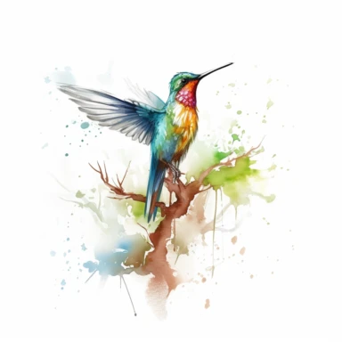 humming bird standing tree, water color style, clipart, white background