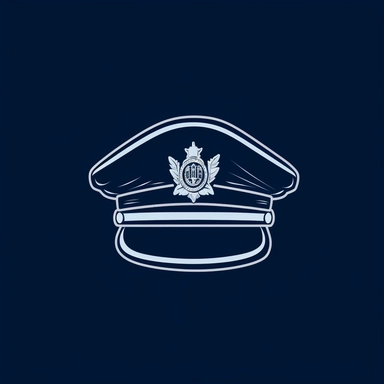 police officer hat clipart graphic, vector icon, flat design, white thin lines, dark blue plain background