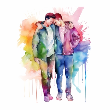 A vibrant and joyful image of a gay couple captured in rainbow watercolor clipart with a clean white background, showcasing their love and happiness. The couple is depicted in a close embrace, their arms wrapped around each other, and their faces displaying genuine affection. Their outfits are stylish and contemporary, reflecting their unique personalities. The watercolor technique adds a soft and dreamy quality to the artwork, with delicate brushstrokes and a vibrant color palette that brings o