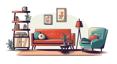 vintage clip art of a living room. In this living roon is an armchair, a telephone, a coffee table with an aquarium on top, a shelf and a painting on the wall. Vintage drawing. White background. Few simple lines. Retro vector