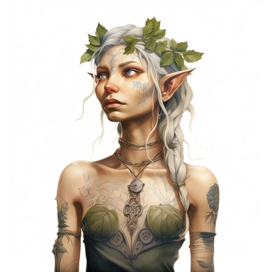 beautiful female wood elf front-facing tattoo design by twilight designs, in the style of david nordahl, jean-baptiste monge, farel dalrymple, fantastical street, high resolution, imaginative characters, clipart, blank white background