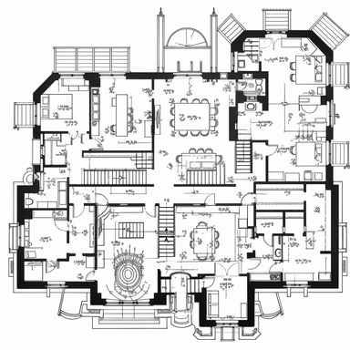 floor plans for a large house with 5 bedrooms a kitchen, 3 bathrooms in art nouveau style, black lines, detailed, flat design, white background, clipart style, black and white,