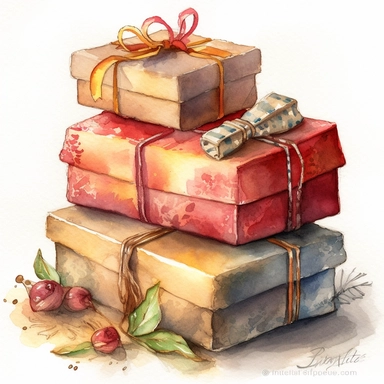 insanely beautiful pile of 3 gift packages , in the style of beatrice potter, 32k uhd, hand-painted details, pastoral illustrations, amazing colour combinations , aquarellist, hd , white background clipart ,-- no watermark--ar 27:37