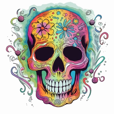 create a clipart-style illustration of a skull with a Grateful Dead-inspired design, where colorful images are placed only on the skull itself, resembling tattoos. The skull should have an expression that appears to be laughing or joyful, adding a playful element to the artwork. Begin by sketching the outline of a skull, focusing on capturing its distinct features such as the eye sockets, nasal cavity, and jawline. Keep the lines clean and simple, adhering to the clipart style. Within the confin