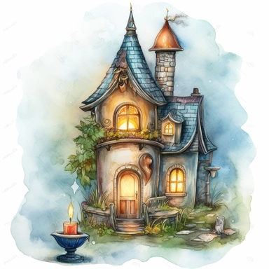 a Candle House watercolor Clipart sublimation clipart graphic, full body, clipart, sticker, a single picture, cartoon style, highly detailed, 8k, one image in the frame--no text in the picture--