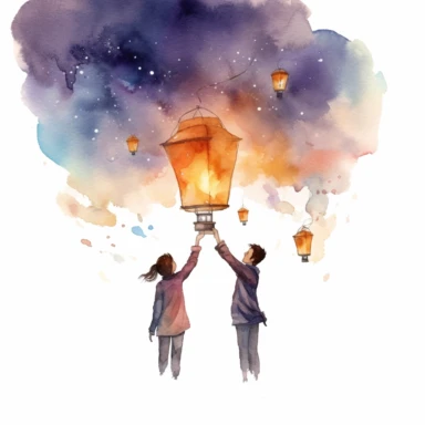 happy COUPLE, releasing lanterns into the night sky, sending their wishes and dreams aloft, watercolor, Pixar style, Clipart on a white background