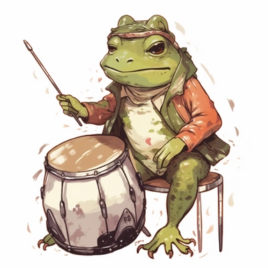 close up drawing of a funny cute frog rockstar Drummer, white background, clipart, in unicake colors, layered composition, muted color palette, in the style of Ghibli, Pixar, Ukiyo - e, Wabi - sabi,