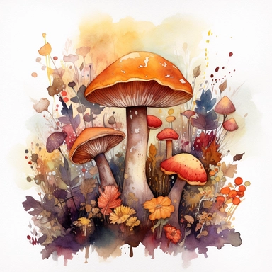 In this watercolor illustration, a mystical mushroom takes center stage, painted with vibrant hues and surrounded by delicate flowers and lush plants. The clipart design captures a magical scene, where fairies flit about in the air, their ethereal forms highlighted against a watercolor backdrop. The white background provides a stark contrast to the dominant autumn orange and browns color scheme, enhancing the enchanting atmosphere of the artwork. The intricate details of the flora and the playfu