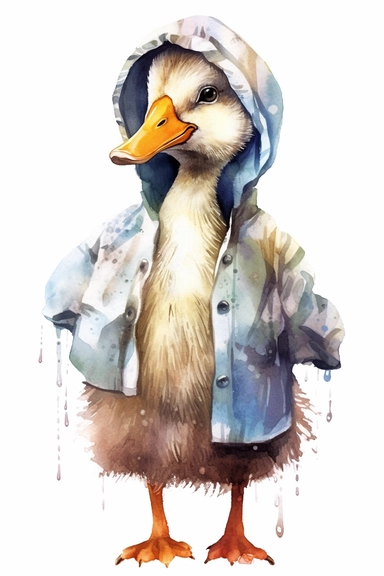 detailed watercolor illustration of cute and adorable goose wearing a bonnet and shawl, paint splashes, anthropomorphic, model pose, clipart, plain isolated white background, 8k ultra detail high sharpness