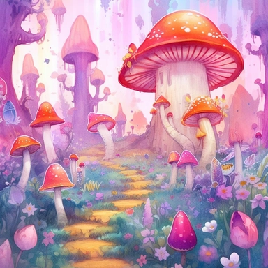 Watercolour Magic Mystical Mushrooms clipart watercolor style , dreamy color, anime style, ghibli , trippy , planet , stars, epic, flowers, Phantasmal Iridescent