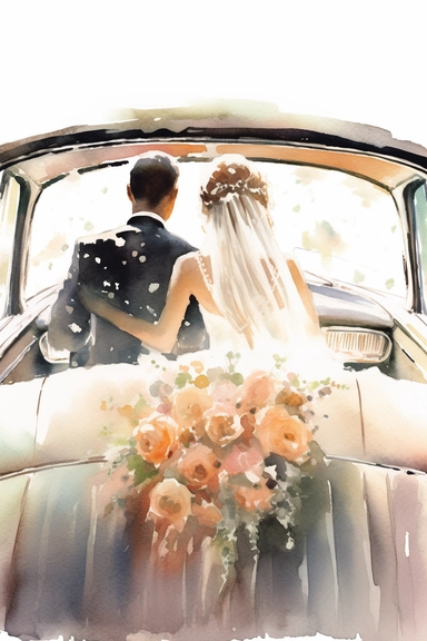 realistic watercolor drawing of bride wearing veil and groom leaving wedding in a car clipart, view of the back, in style of Michiel van Huysum, subtle faded color variations, hyper-detailed hd clipart, on white background, spaced out
