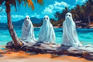 realistic clipart ghosts on the tropical beach, digital painting