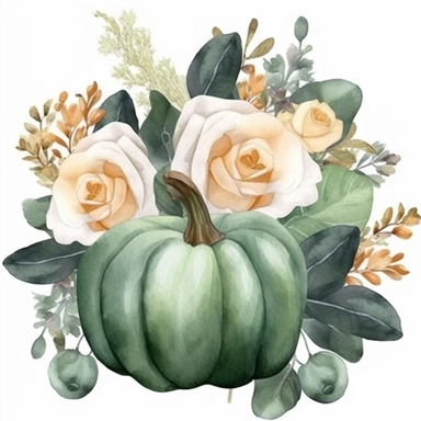 Dark green pumpkin, bouquet of white roses, green leaves, gray eucalyptus leaves, white fruits, watercolor, clipart, illustration, white background