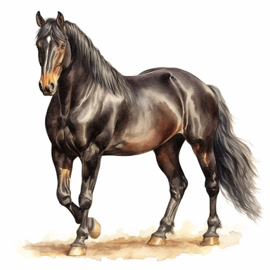 watercolour Hackney horse beautifully detailed perfect realistic facial features realistic dark hackney horse four perfect legs and hooves beautiful perfectly detailed hackney horse png image,high resolution,300dpi,graphic clipart,computer graphics