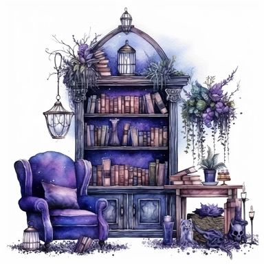 magical style wizard's magic reading corner with watercolor effect,suitable for digital clipart,magic tools,old magical books,gothic bookcase full of books,potion bottles,magic caulddon, gothic candles,white background,magical flowers,magical scene,fairy dark colours,green ,blue,purple,gothic details Clipart ,Cartoon,hyper realistic, intricate detail, illustration style,high solution,on the white background