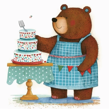 clipart, beautiful smiling,Bear,wear beautiful apron, with cake, Usborne and Eric Carle,