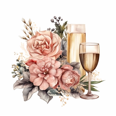 Champagne and Christmas Flowers style by Lucy Fleming, watercolor, smooth gradients, black contour outline, ultra detailed, clipart elements, delicate pastel colors, solid white background, super clear, high quality
