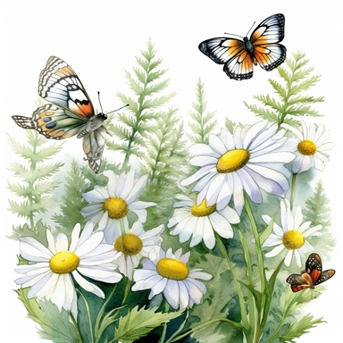 3d butterflies, wildflowers of spring flowers, fern, daisies, lady bug botanical watercolour illustration clipart, space out with white transparent background--tile--ar3:2
