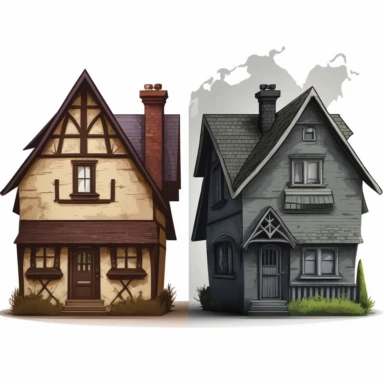 a clipart of two houses that look the same, however one is new and one is old and ugly, white background
