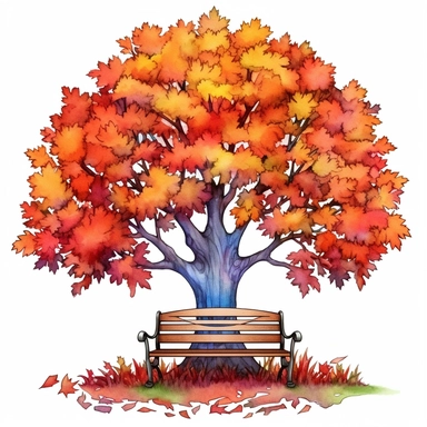 Autumn tree by the bench, in the style of digital airbrushing, pattern - based painting, storybook illustrations, hd, ps1 graphics, soft shading, accurate and detailed, style by Lucy Fleming, watercolor, smooth gradients, black contour outline, ultra detailed, clipart elements, delicate pastel colors, solid white background, super clear, high quality