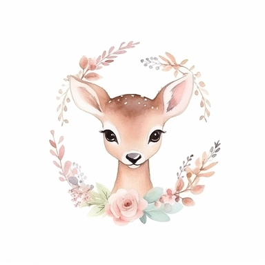 cute fawn in a dainty minimalist floral wreath, watercolour, magical, kids art, clipart, isolated white background, 8k