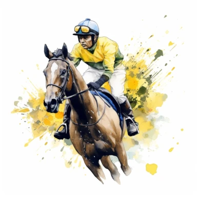 ace horse, with jockey, with yellow flowers water color, white backhround, clipart