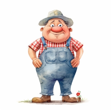 Marta Cala. Soft watercolor clipart. Alex Sheffler style. The character design of a farmer. Middle aged. He Is Chubby, he Is bald with a straw hat. He has big eyes and a long nose. He wears a Blue jeans salopette and a Red checked shirt.