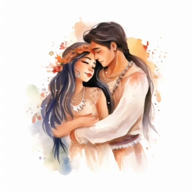 Asian bride and Indigenous groom, sharing a tender embrace, loving and serene, watercolor, Pixar style, Clipart on a white background.
