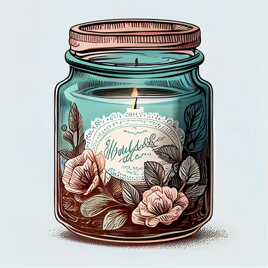 hyper realistic, white background, white margins, 16k, ultra detailed clipart, cut out image, hand-drawn A vintage-style clipart featuring a scented candle jar, exuding a warm glow and emitting a fragrant aroma.Use dark colors such as cyan, brown, and rose for a vintage-inspired palette.