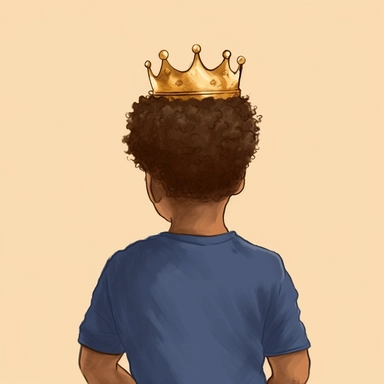 brown-skinned boy wearing navy blue shirt, with a gold crown, afro hair, backview, soft illustration, minimalist art, clipart, faceless