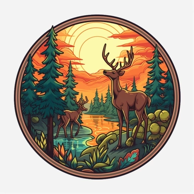 Sticker logo, featuring trees, lush foliage, and woodland creatures like deer or squirrels, capturing the essence of camping in nature, on transparent background free clipart, in the style of digital painting and drawing, 2d game art, scoutcore, anime-influenced, cabincore, high resolution, light sky-blue and dark maroon