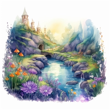 cartoon fairy glen by the River, grass and flowers line the sides if the river, glowing lights and sparkles, colors of green purple gold and blue, glamorous realistic and detailed, watercolor, white background with margins, clipart style
