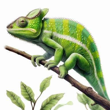 green chameleon, on a branch, clipart, clean lines, white background