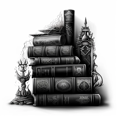Create an impressive clipart of a clean, dark wizard's book stack on a pure white background. The design should incorporate elements of the gothic and fantasy genres, with dark hues and ornate designs on the books' spines. The lighting should be moody and shadowy, with a focus on the intricate details of the books' covers. The book stack should be perfectly symmetrical to create a sense of order and balance. Use a macro lens to capture the intricate details of the books' designs and play with th
