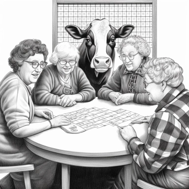 A clipart black and white drawing of a cow in a bingo with 4 old ladies playing bingo at tables around the cow.