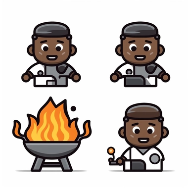 /imaginea set of black line clipart inspired by live fire cooking and barbecue and Lego and Funko Pop toys