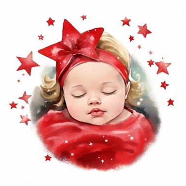 watercolour style cute chubby size baby girl curled up asleep frowning her eyebrows dribbling from mouth a red bow on head fine details Christmas theme with stars wide background png plain background clipart