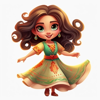 Beautiful mexican style girl, happy dancing, with beautiful eyes and beautiful smile, disney style, full body,on white background, big eyes, clipart, cartoon, inkley studio, smiling, outlines, Cinco de Mayo, with a beautiful typical Mexican dress,, charming anime characters Thomas Kinkade Nadja Baxter Anne Stokes Nancy Noel