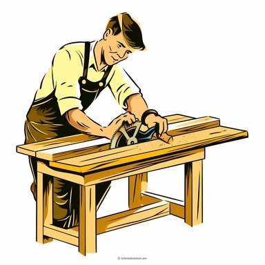 a clipart image of a carpenter sawing a piece of wood on a workbench.