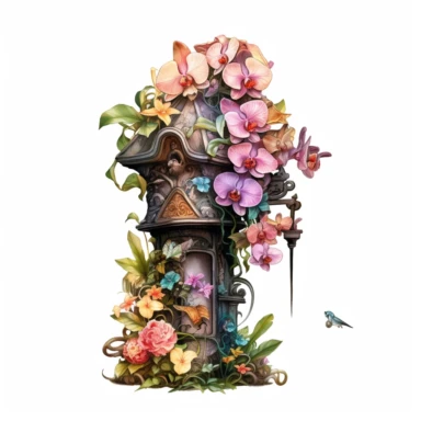 a watercolor nostalgic fairy spring mailbox on a stand, profil view, surrounded by an invasive arrangement of hundreds dramatic extravagant saturated digital black gold 3D orchid, in the style of large-scale photography, lush detailing, invasive nature, watercolor style, pastel colors, playfully intricate, made of flowers, bloomcore, clipart, clear background
