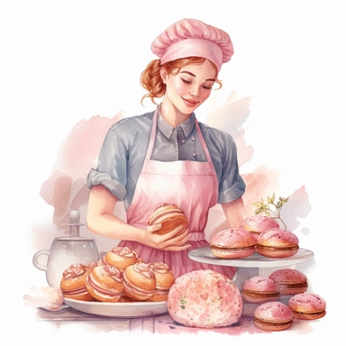 Watercolor, hand - drawn illustration style, no background, white margins, 8k, ultra detailed clipart, a pastry chef with light pink accents, expertly creating beautiful and tasty baked goods, disney style