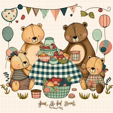 whimsical bear family picnic clipart