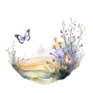 soft watercolor style watercolor butterflies flying in botanical landscape isolated on white background clipart