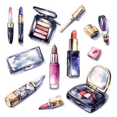 illustration clipart set of glamour fashion items, chanel, dior, shoes, purse, perfume, lipstick, white background, 32k, photosrealistic