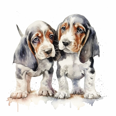 close up high detailed, Hand drawn watercolor clipart of Bassett Hound Puppies playing, on a pure white background for background removal, no shadow, no paint splash