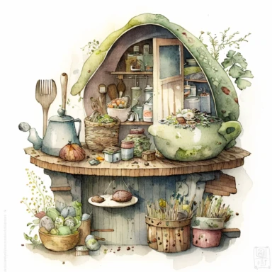 a hyper-detailed illustration watercolor clipart of a whimsical kitchen of a fairy house built out of natural materials by a human,complete kitchen utensil and kitchenware and foods in preparation , zoom close up view on wooden table watercolor illustration, illustration style a combination of Beatrix Potter and Tove Jansson,isolated on white background with margins, cut-out images